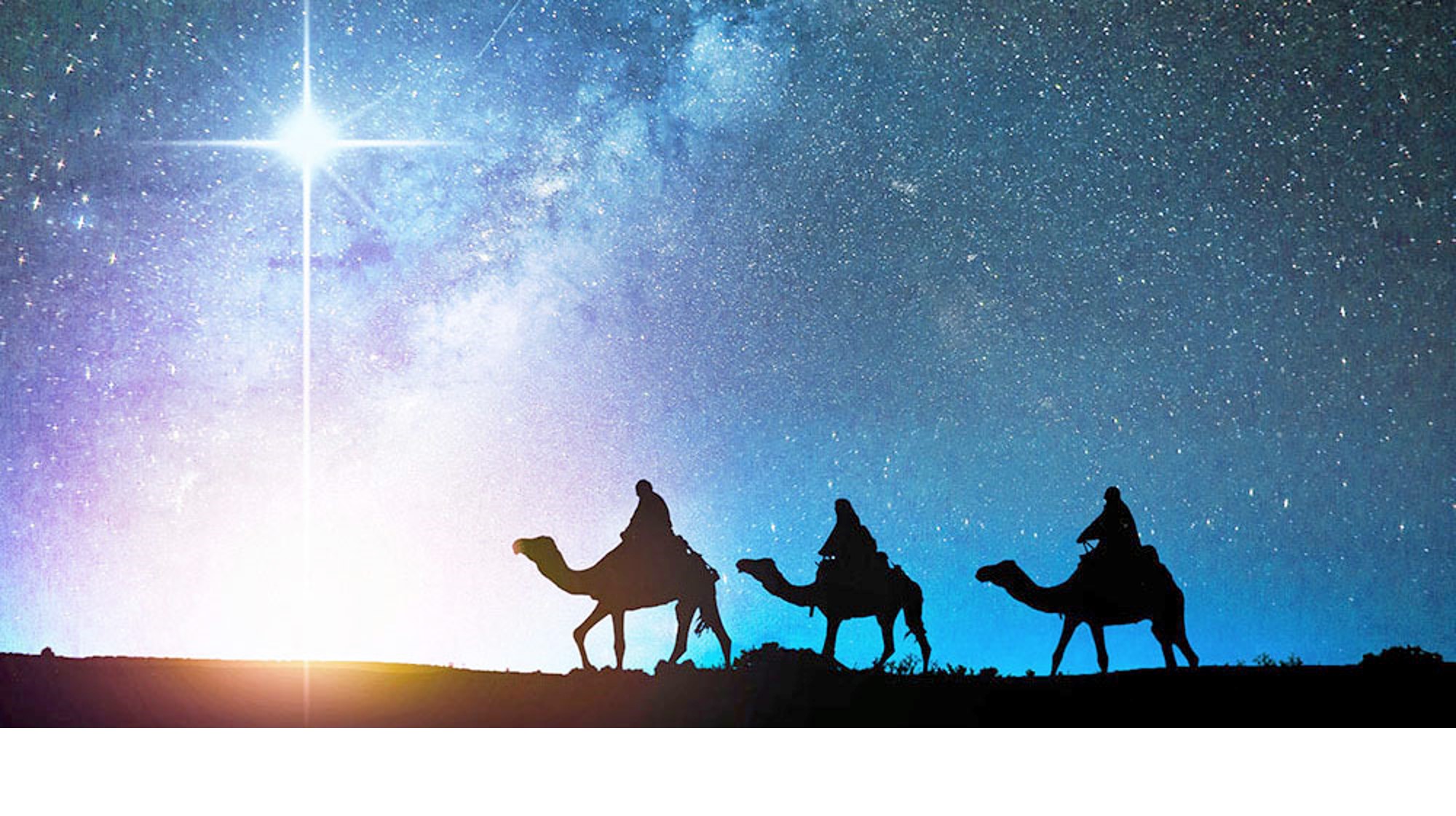 Three Wise Men against a blue night sky following the star