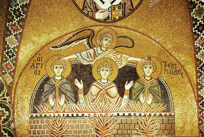 Shadrach, Meshach, Abednego in the Fiery Furnace Mosaic_Monastery, Greece_web