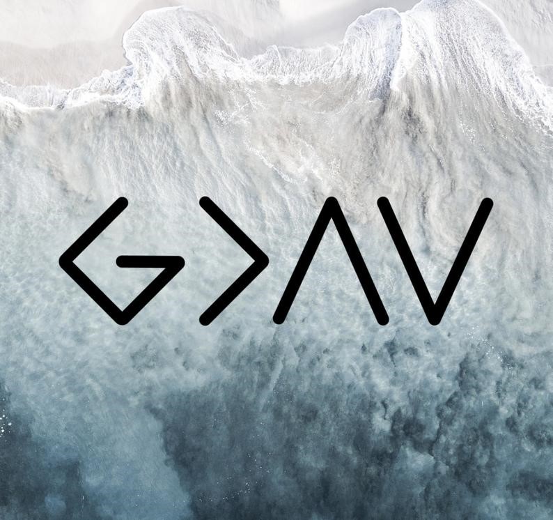 God is Greater than the Highs and Lows symbols against a mountain background