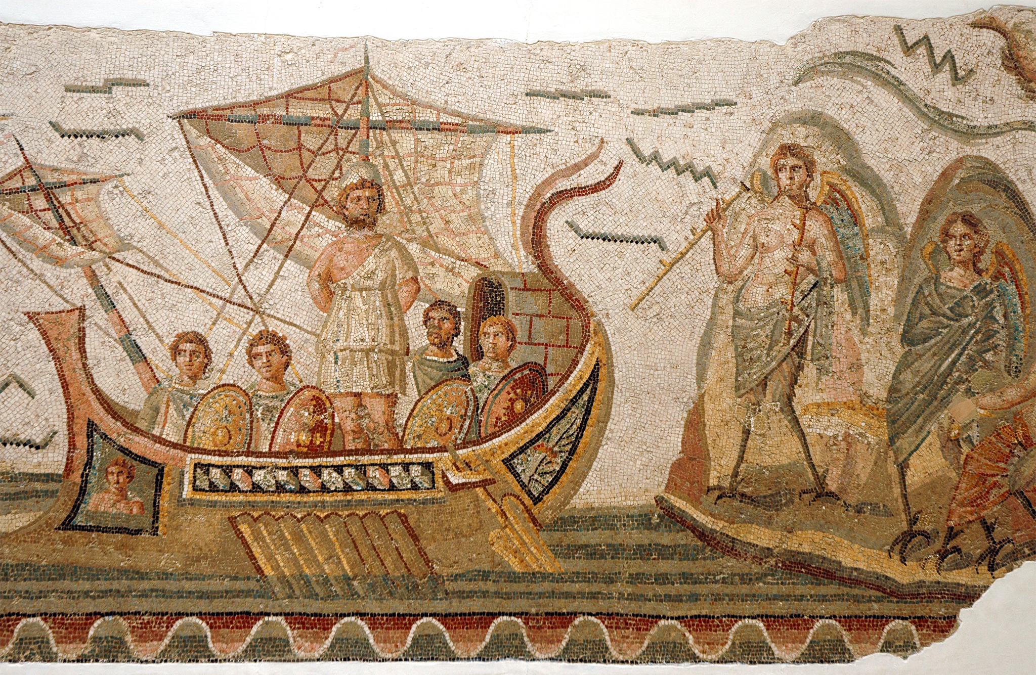 Mosaic scene from Homer's Odyssey, Ulysses meeting with sirens in The Bardo museum in Tunis, capital of Tunisia.