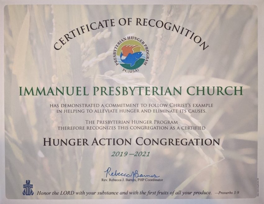 Immanuel's Certificate of Recognition as a Hunger Action Congregation