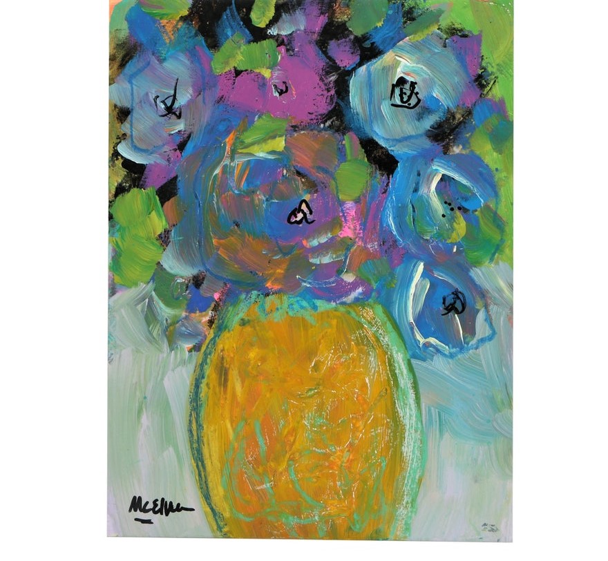 Colorful modern art painting of a vase with flowers.