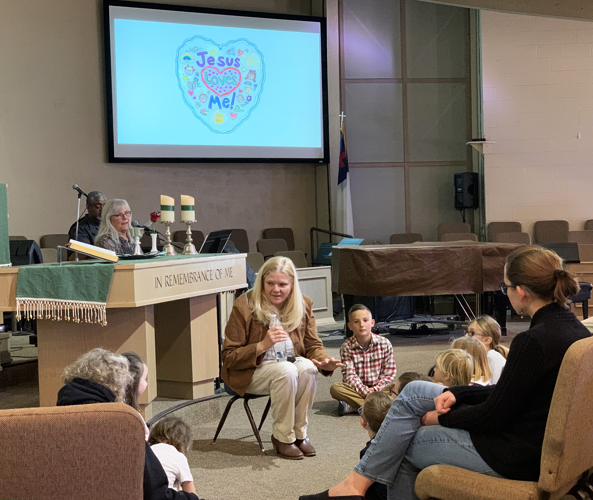 Kris Goorsky sharing a Children's Moment during services.