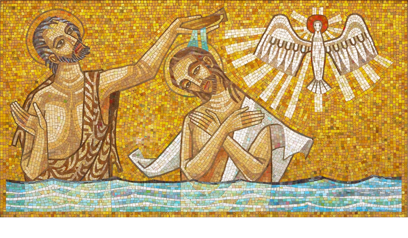 "Baptism of the Lord" outdoor mosaic, Resurrection Cemetery, Affton, Missouri.